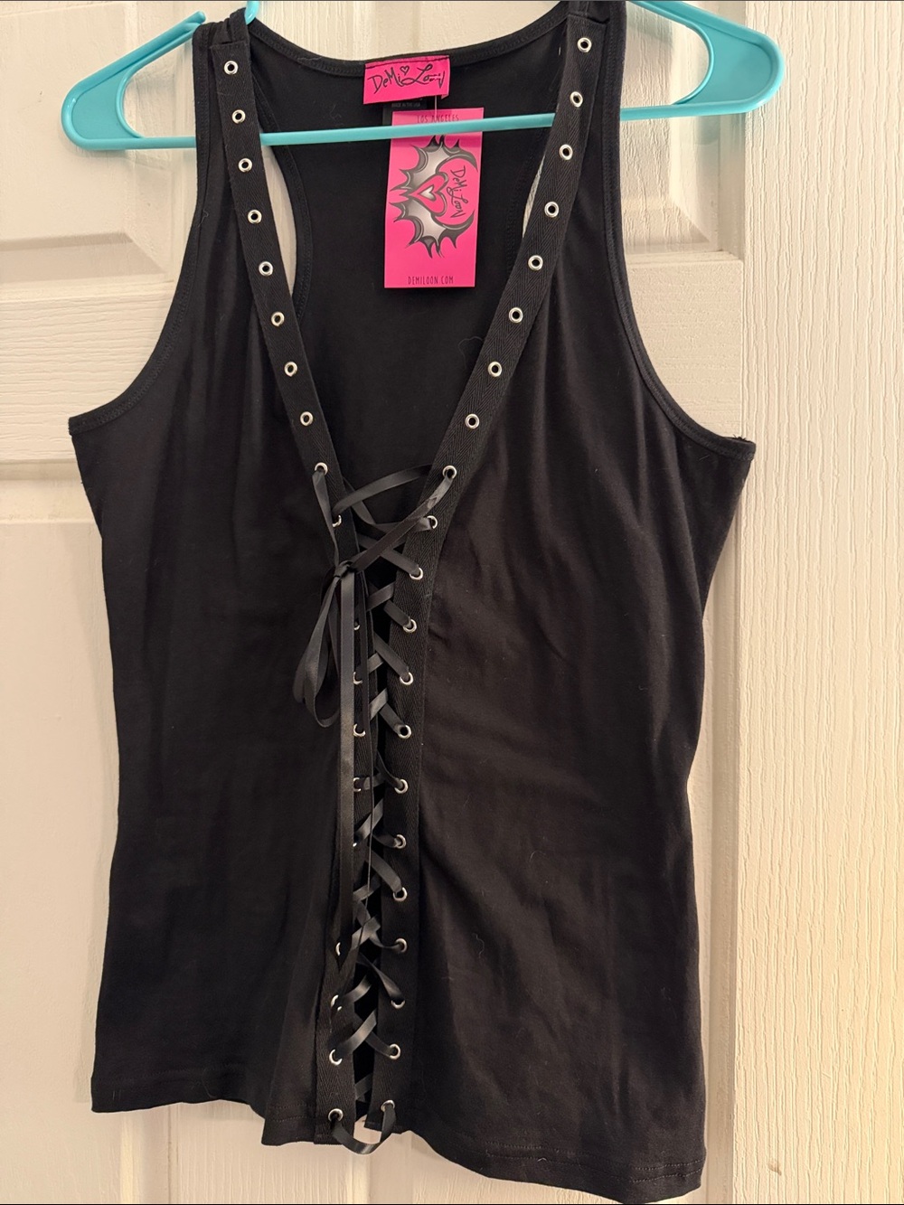 Demi Loon Black Lace-Up Tank Top with Eyelet Detail